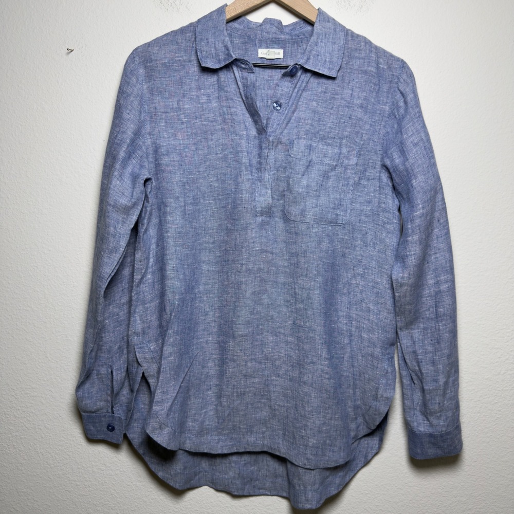 Garnet Hill Women 100% Linen Popover Top 6 Blue Coastal Lagenlook Beach Resort